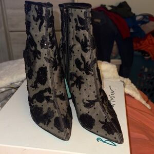 Betsey Johnson Black Beaded Floral Mesh Ankle Booties